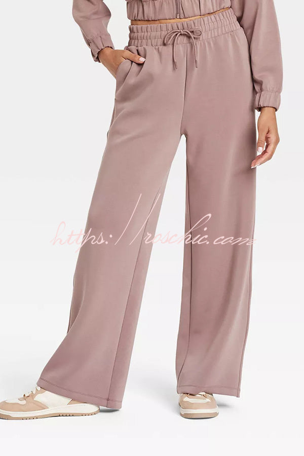 Airy Sleek Full Zip Jacket and High Rise Elastic Waist Pocket Wide Leg Sweatpants Set