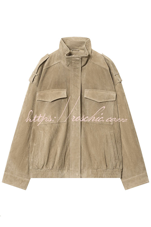 Fashionable Suede Loose Pocket Leather Jacket