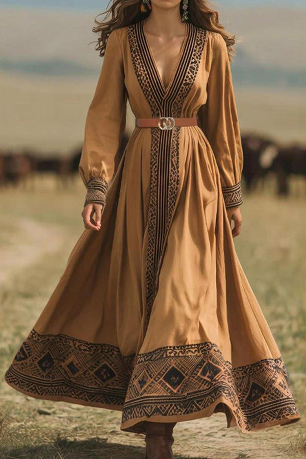 Ethnic Style Unique Print V-neck Long-sleeved Maxi Dress
