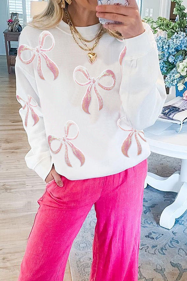 Christmas Pink Bow Sequin Loose Casual Long Sleeve Sweatshirt