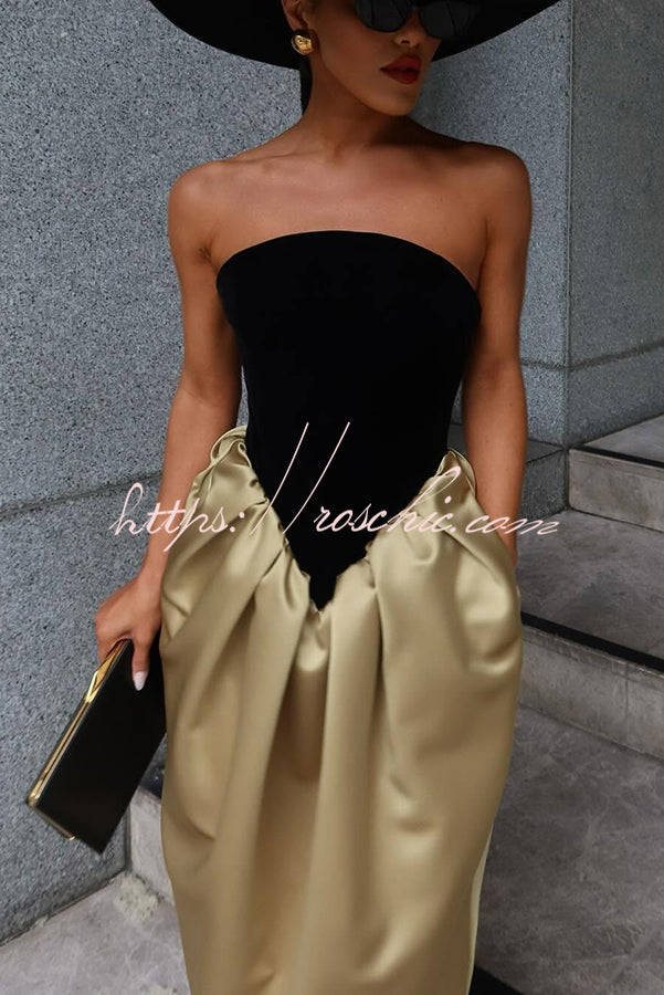 Like Porcelain Satin Patchwork Off Shoulder Pocketed Maxi Dress