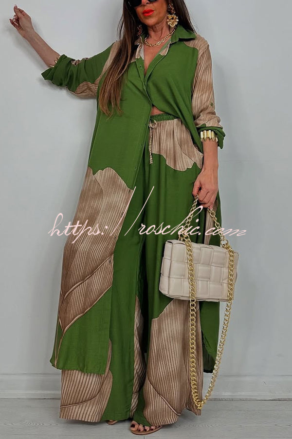 Unique Printed Casual Loose Long Shirt and Elastic Waist Pocket Wide Leg Pants Set