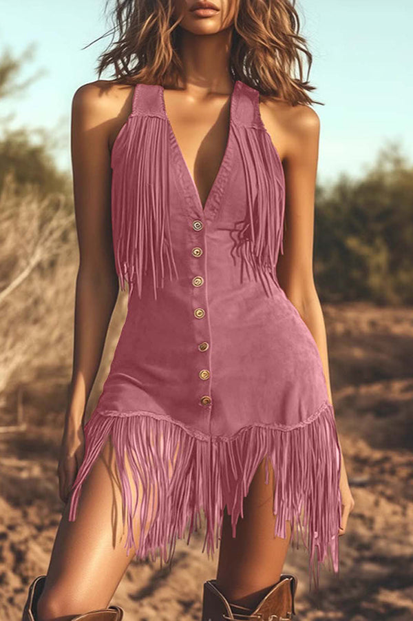 Sexy V-neck Sleeveless Button-down Fringe Fitted Mini Dress, Pink / 3XL Sexy V-neck Sleeveless Button-down Fringe Fitted Mini Dress, Pink / 3XL
