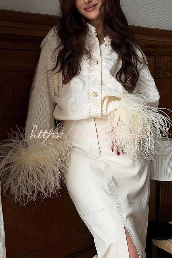 Solid Color Elegant Feather Long Sleeve Casual Knitted Cardigan