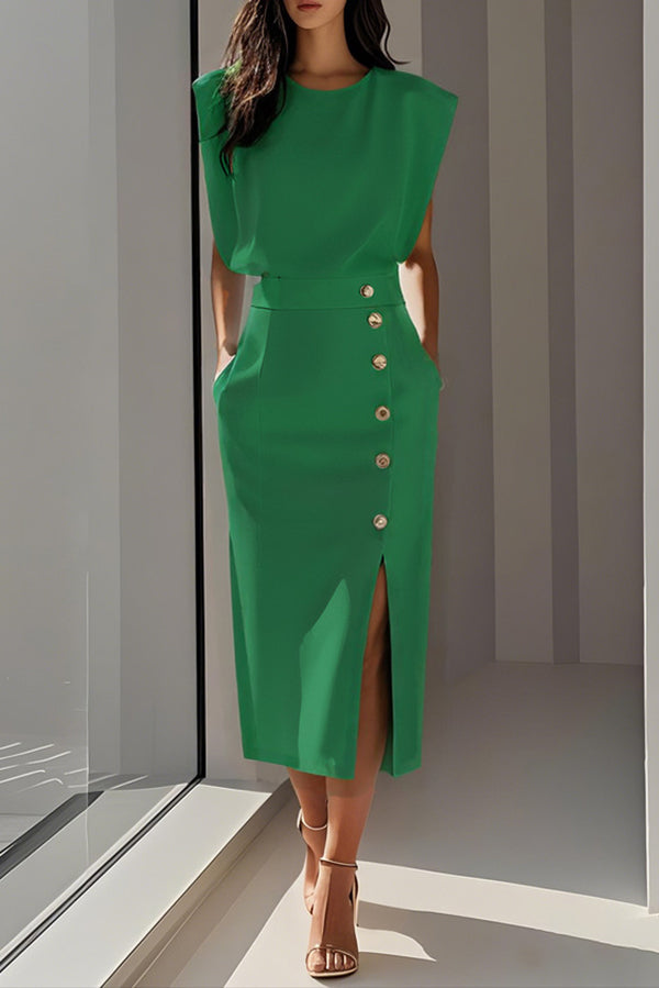 Solid Color Round Neck Sleeveless Button Slit Midi Dress