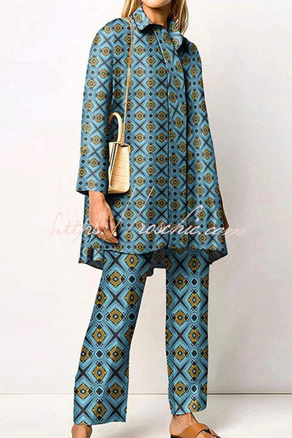 Geometric Print Lapel Long Sleeved Top and Pants Two Piece Set