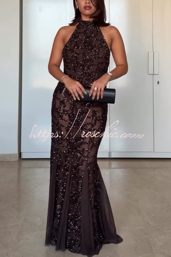 Twilight Gleam Sequin Textured Tulle Hem Halter Backless Maxi Dress