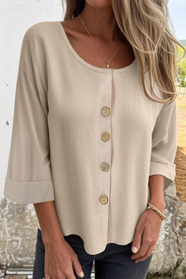 Solid Color Casual Round Neck Button Loose Top