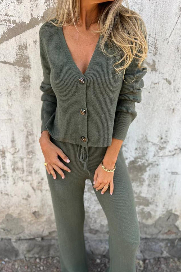 Solid Color V-neck Long-sleeved Button-down Knitted Top and Waist-tied Casual Straight-leg Pants Set