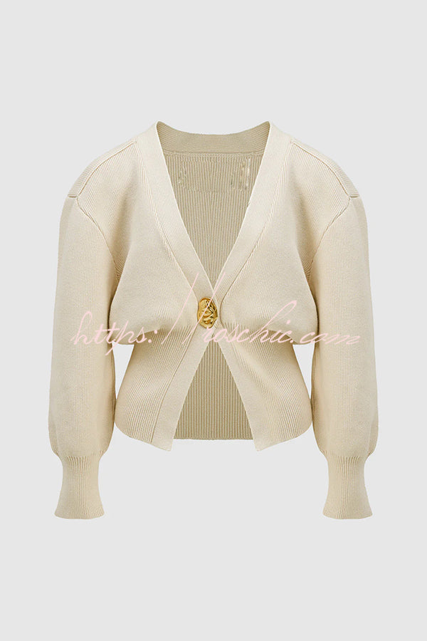 Only Yours Knit Metal Leaf Shape Button Lantern Sleeve Relaxed Cardigan