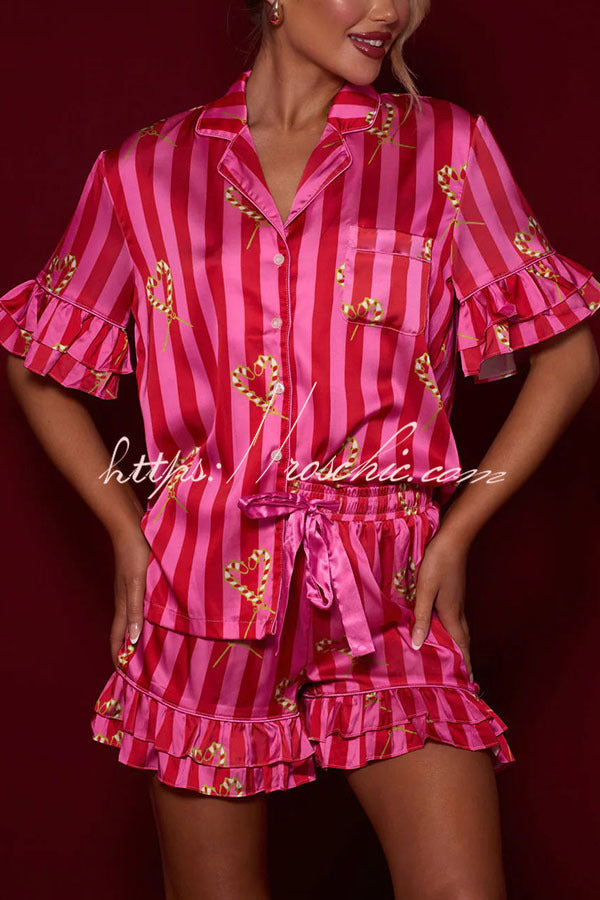 Girls Night Long Candy Stripe Tiered Bell Cuffs Elastic Waist Pocket Pajama Shorts Set