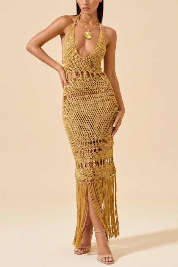 Fashionable Open-knit Backless Elegant Tassel Hem Vacation Cover-up Maxi Dress, Multicolor / L