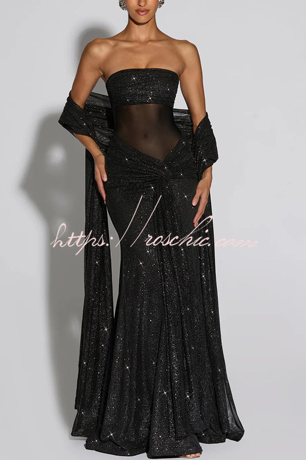 Paula Sequined Mesh and Jersey Off Shoulder Ruched Knot Drape Shawl Maxi Dress