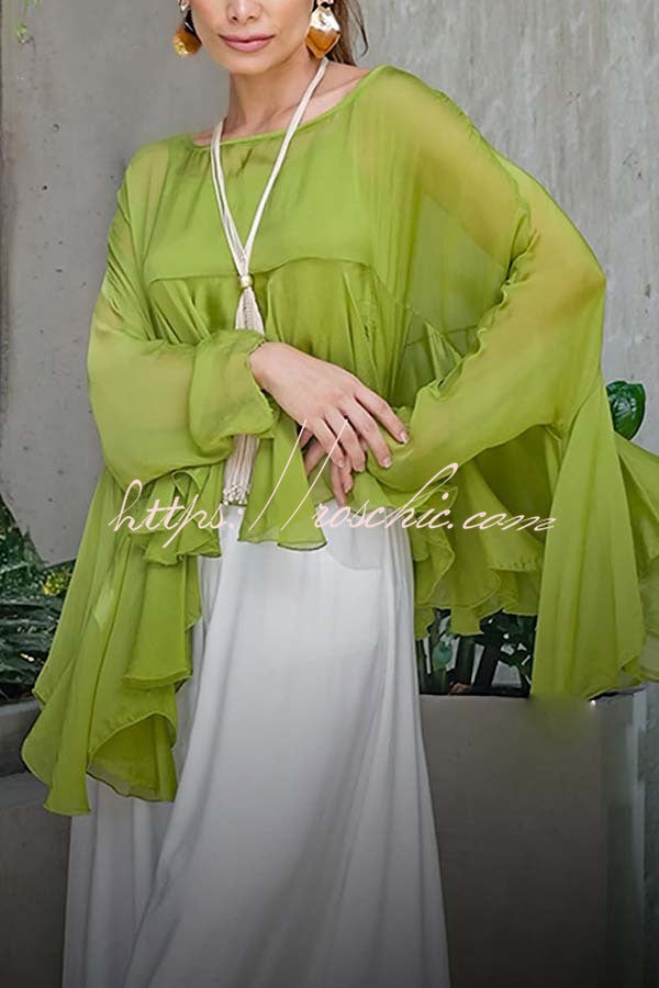 Romantic Journey Chiffon Ruffle Batwing Sleeve Top and Elastic Waist Pocket Loose Pants Set