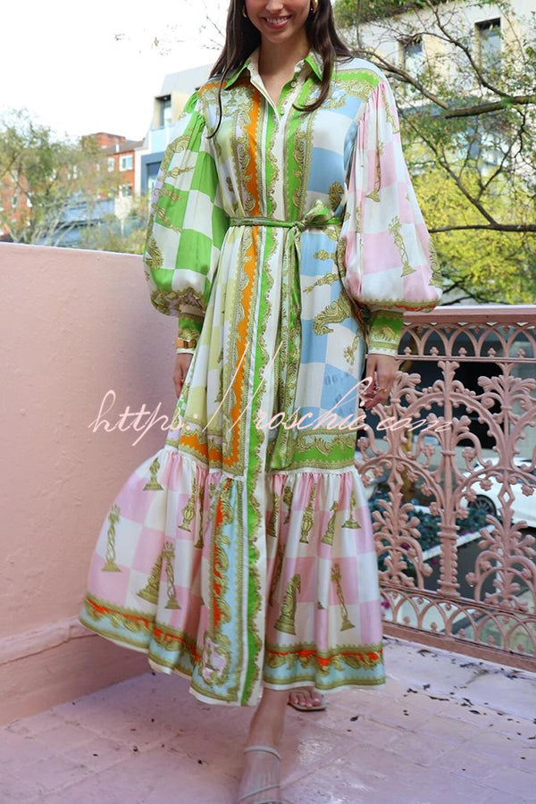 Garden Party Satin Unique Print Balloon Sleeve Belted Shirt Maxi Dress