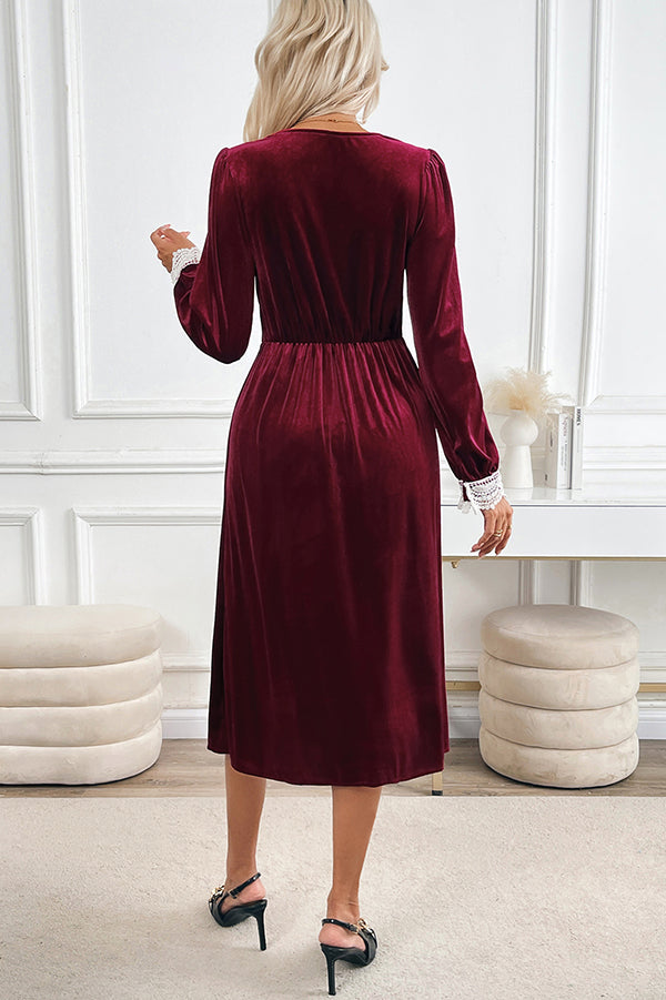 Vintage Velvet Lace Paneled V-neck Long-sleeved Elegant Midi Dress