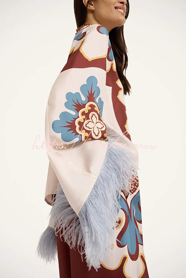 Bohemian Dreams Unique Print High Neck Feather Trim Bell Sleeve Top