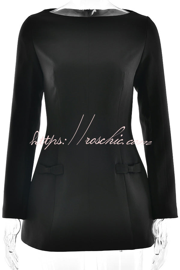 Budding Elegance Bow Detail Boat Neck Long Sleeve Mini Dress