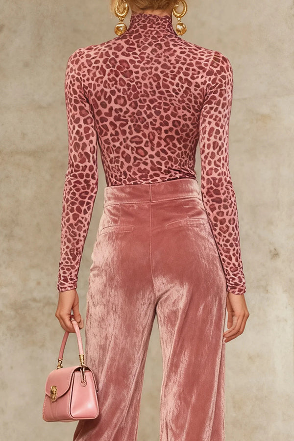 Velvet Leopard Print Turtleneck Long-sleeved Fitted Top