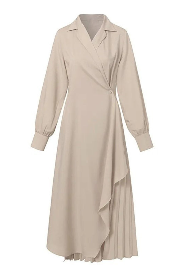 Elegant Long-sleeved Lapel Waisted Pleated Maxi Dress