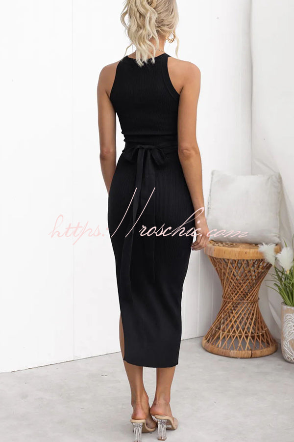 Serene Ribbed Knit Colorblock Back Tie-up Slit Stretch Midi Dress