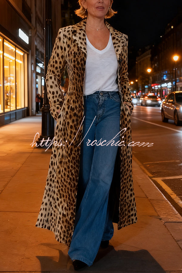 Leopard Print Long Sleeve Pocket Casual Maxi Trench Coat