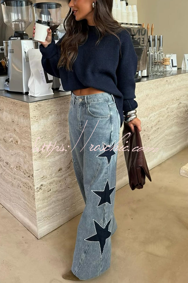 Jessy Denim Mid Rise Side Star Pattern Pocket Wide Leg Jeans