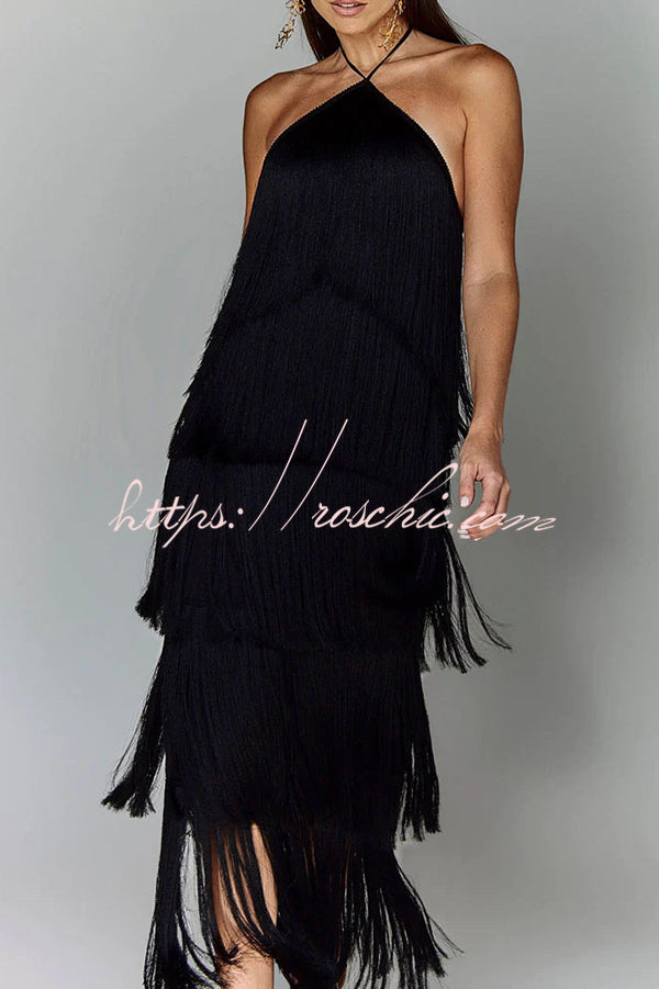 Sexy Halterneck Backless Elegant Fringe Maxi Dress