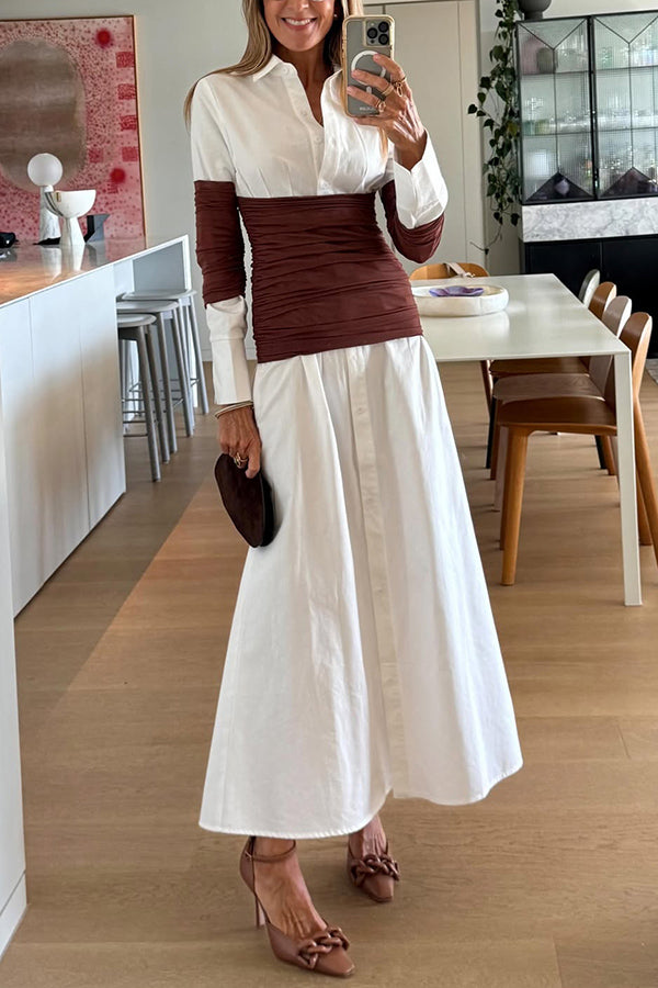 Fashionable Pleated Contrast Patchwork Waist Long Sleeve Button Shirt Maxi Dress