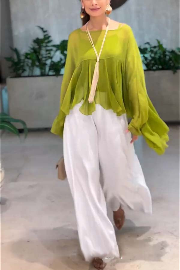Romantic Journey Chiffon Ruffle Batwing Sleeve Top and Elastic Waist Pocket Loose Pants Set
