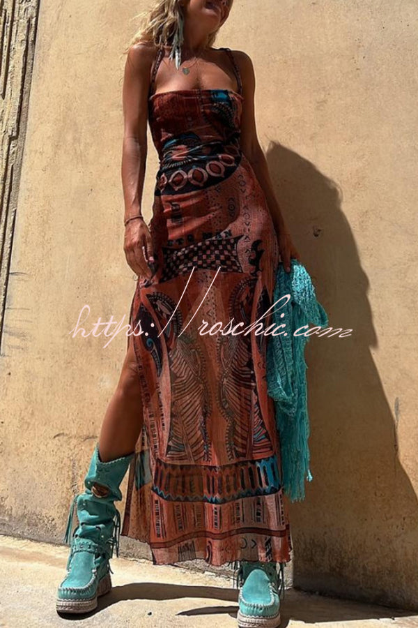 green emerald velvet dress Gypsy Style Unique Print Cowl Neck Back Lace-up Slit Midi Dress – roschic