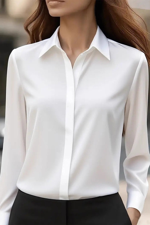 Solid Color Satin Lapel Long-sleeved Casual Shirt