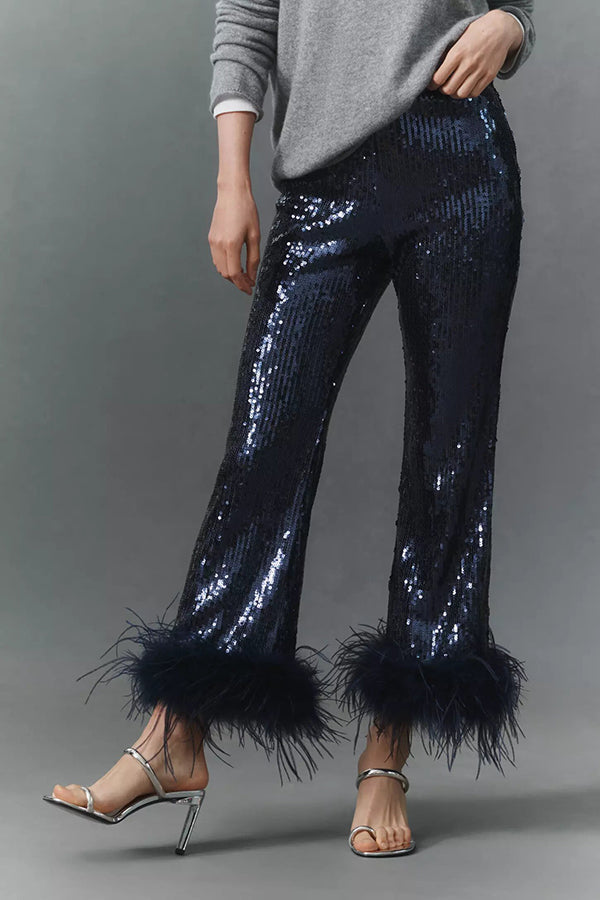 New Year Eve Sequin Feather Trim High Rise Back Zipper Flare Pants
