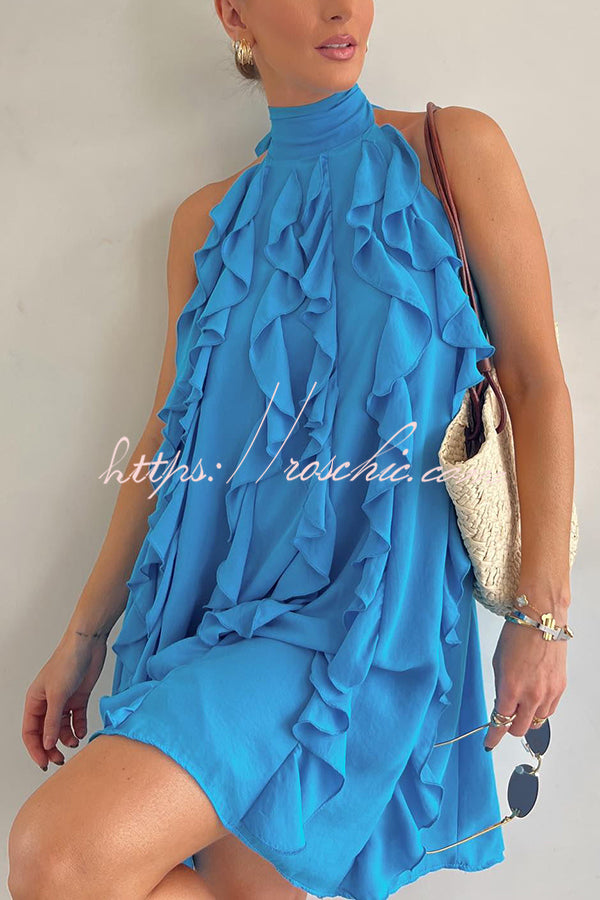 Oh So Sweet Chiffon High Neck Ruffle Pleated A-line Mini Dress