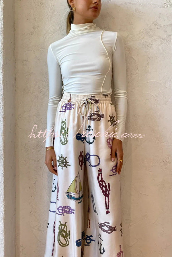 Sail Away Satin Unique Nautical Motifs Print Elastic Waist Pocketed Wide Leg Pants