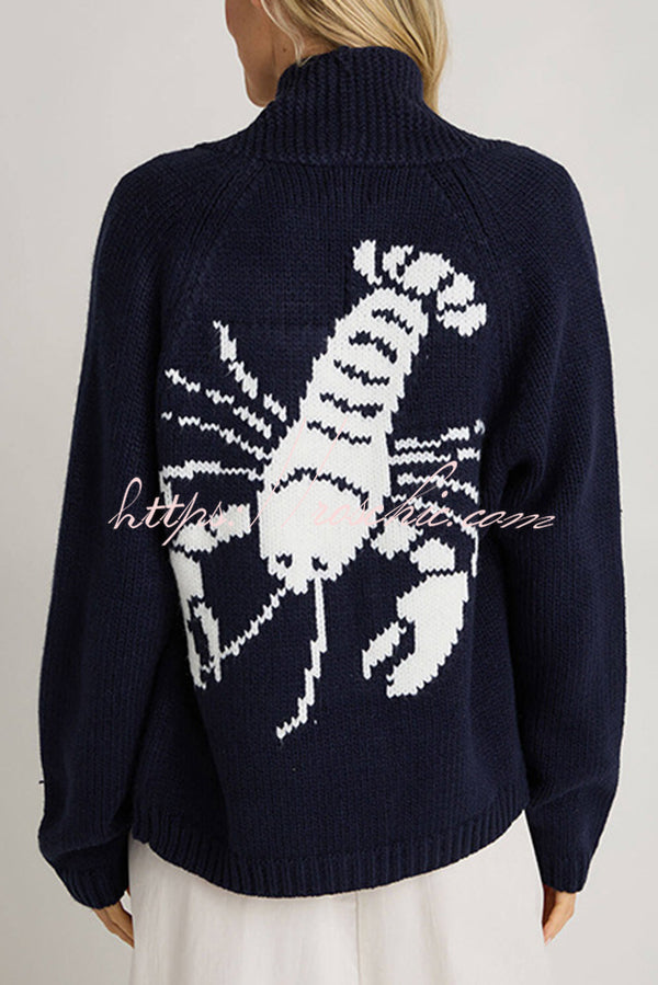 Fashion Lobster Pattern Casual Long Sleeve Knit Cardigan