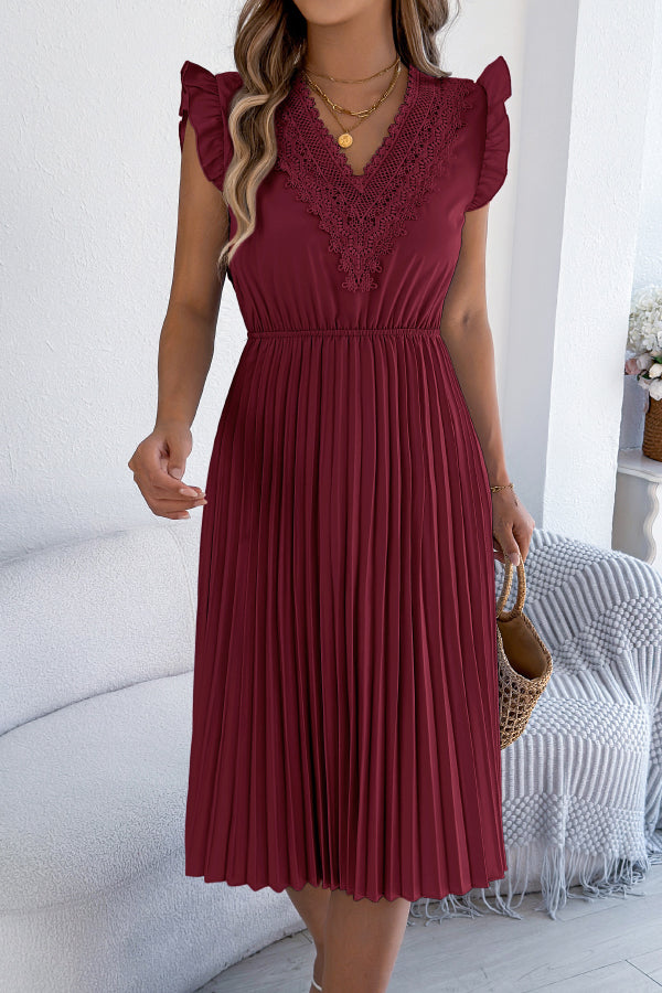 Solid Color V-neck Lace-trimmed Sleeveless Casual Pleated Midi Dress – roschic