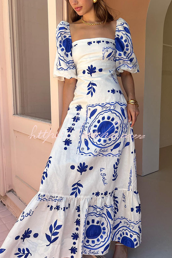 Sherbert Linen Blend Unique Print Square Neck Bubble Sleeve Maxi Dress roschic Sherbert Linen Blend Unique Print Square Neck Bubble Sleeve Maxi Dress roschic
