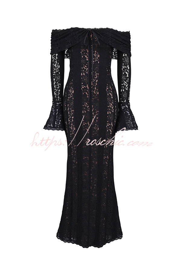 Outline The Curve Floral Lace Off Shoulder Bell Sleeve Stretch Maxi Dress