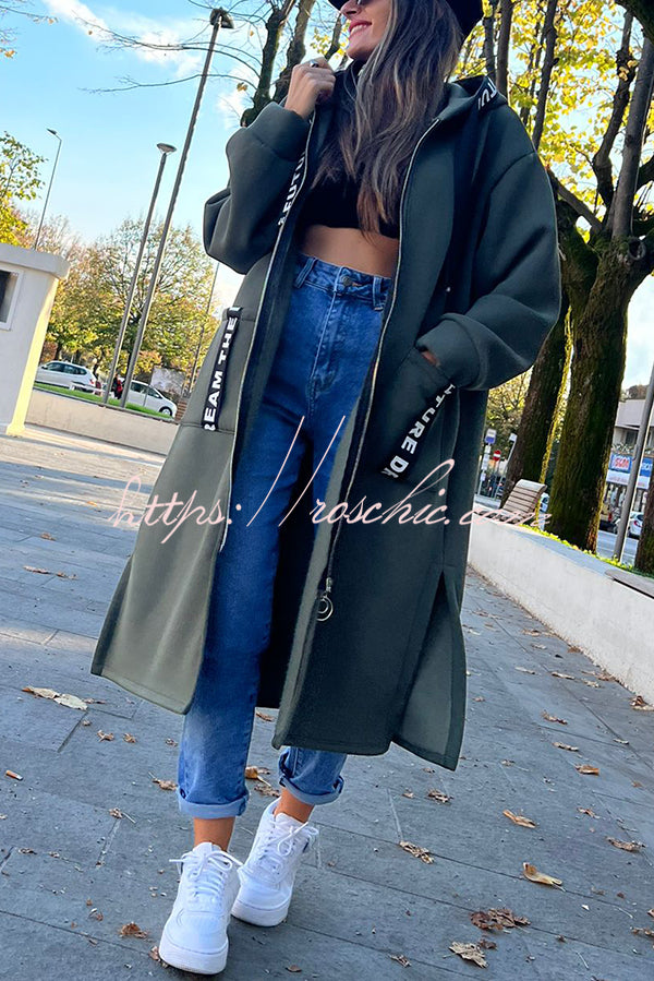 Fashionable and Casual Hooded Zipper Pocket Loose Long Coat