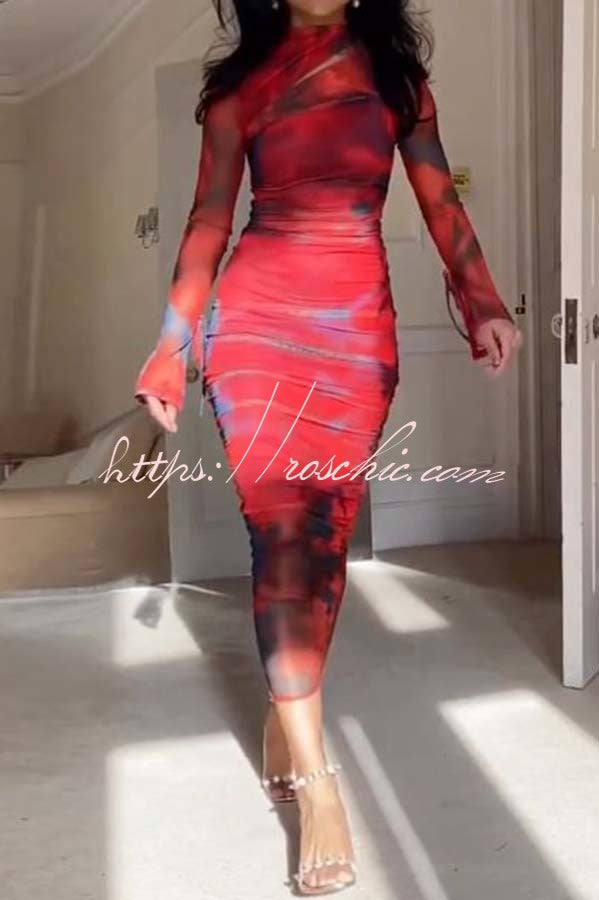 Won The Attention Mesh Tie Dye Ruched Midi Dress