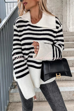 Irregular Lapel Contrast Striped Knitted Long Sleeved Sweater