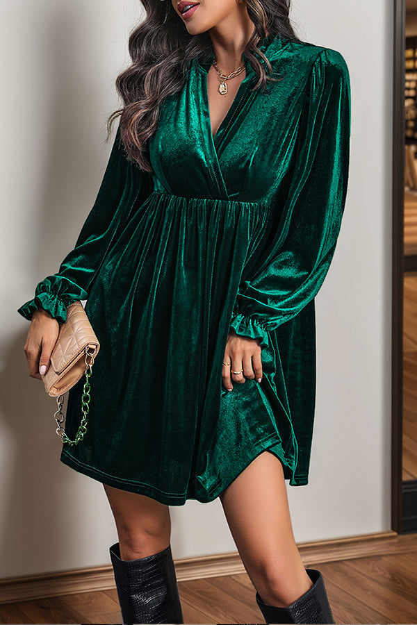 Solid Color Velvet V-Neck Long Sleeve Loose Mini Dress