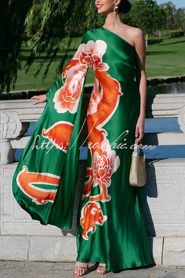 Elegance and Grace Satin Dragon Print One Shoulder Drape Sleeve Maxi Dress