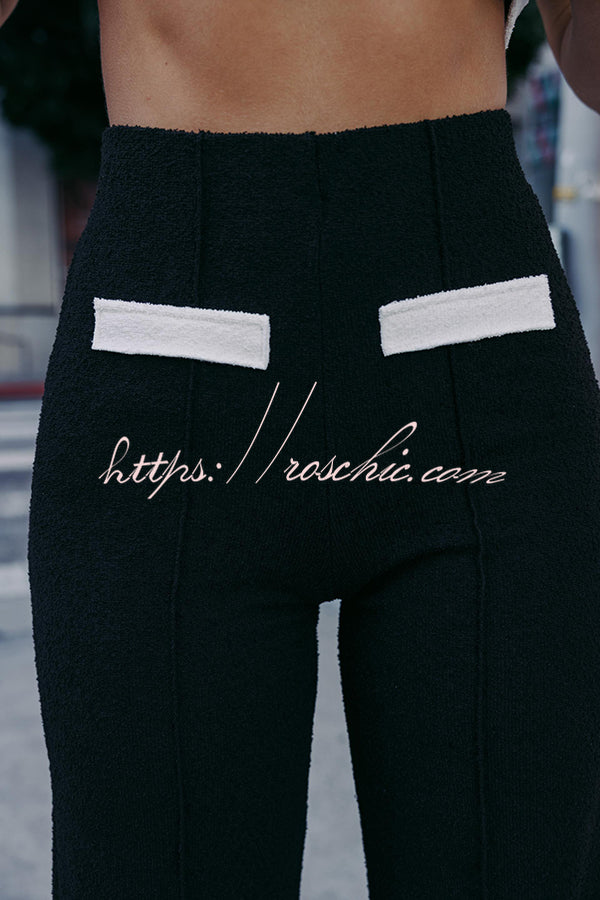Fashion Contrast Color Knitted Stretch High Waist Casual Straight Pants
