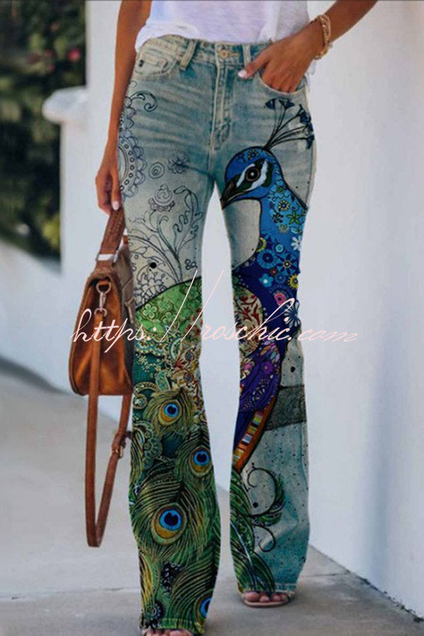 On A Drive Printed Faux Denim High Rise Flare Pants