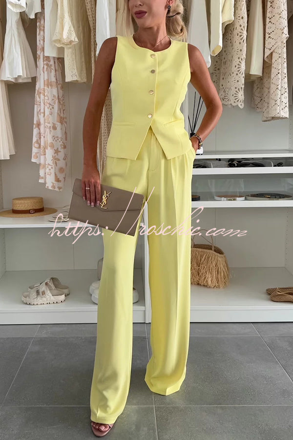 Workplace Chic Sleeveless Button Vest and Relaxed Pocket Wide Leg Pants Set