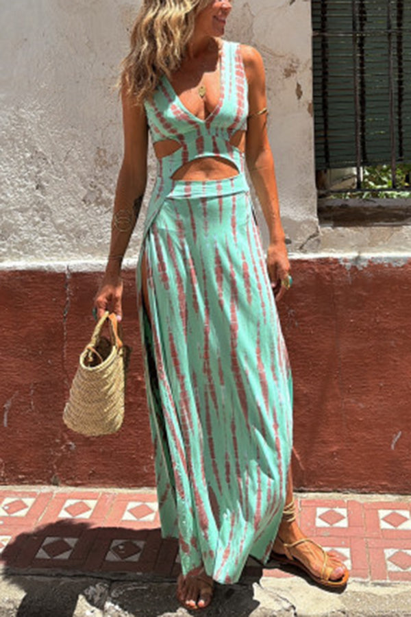 Eleanor Tie-dye Print Cutout Design Slit Stretch Dress – roschic