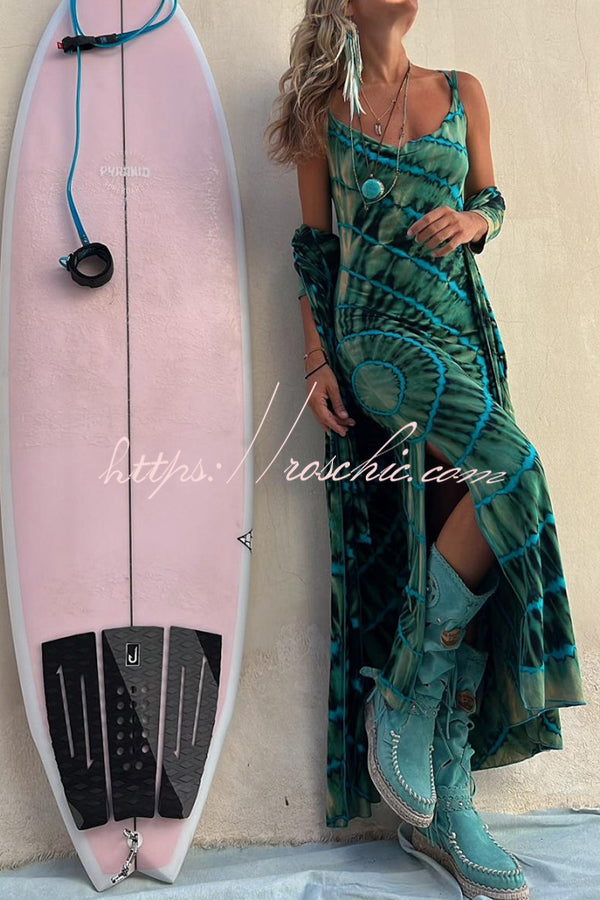 Boho Fashion Tie-dye Print Cowl Neck Stretch Slit Midi Dress