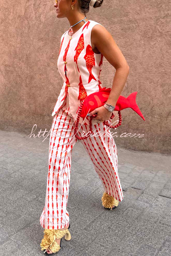 Good Luck Linen Blend Koi Pattern High Rise Elastic Waist Loose Pants